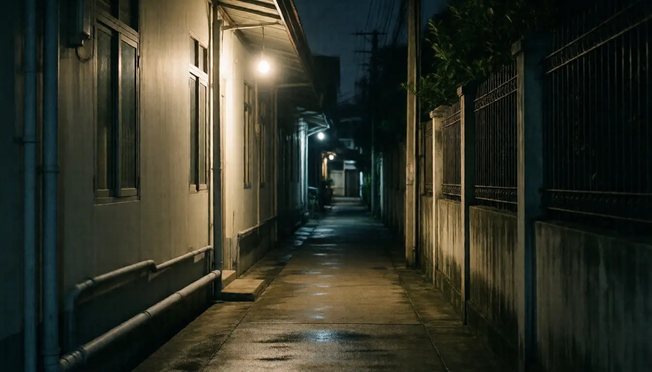 夜里房屋侧面的窄巷，一盏灯泡照着潮湿的水泥地和沿墙走的管道