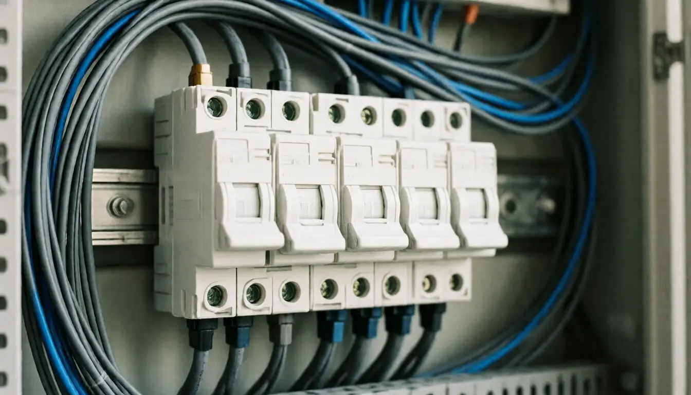 White devices in a row on a rail inside an open consumer unit with neat grey and blue wiring